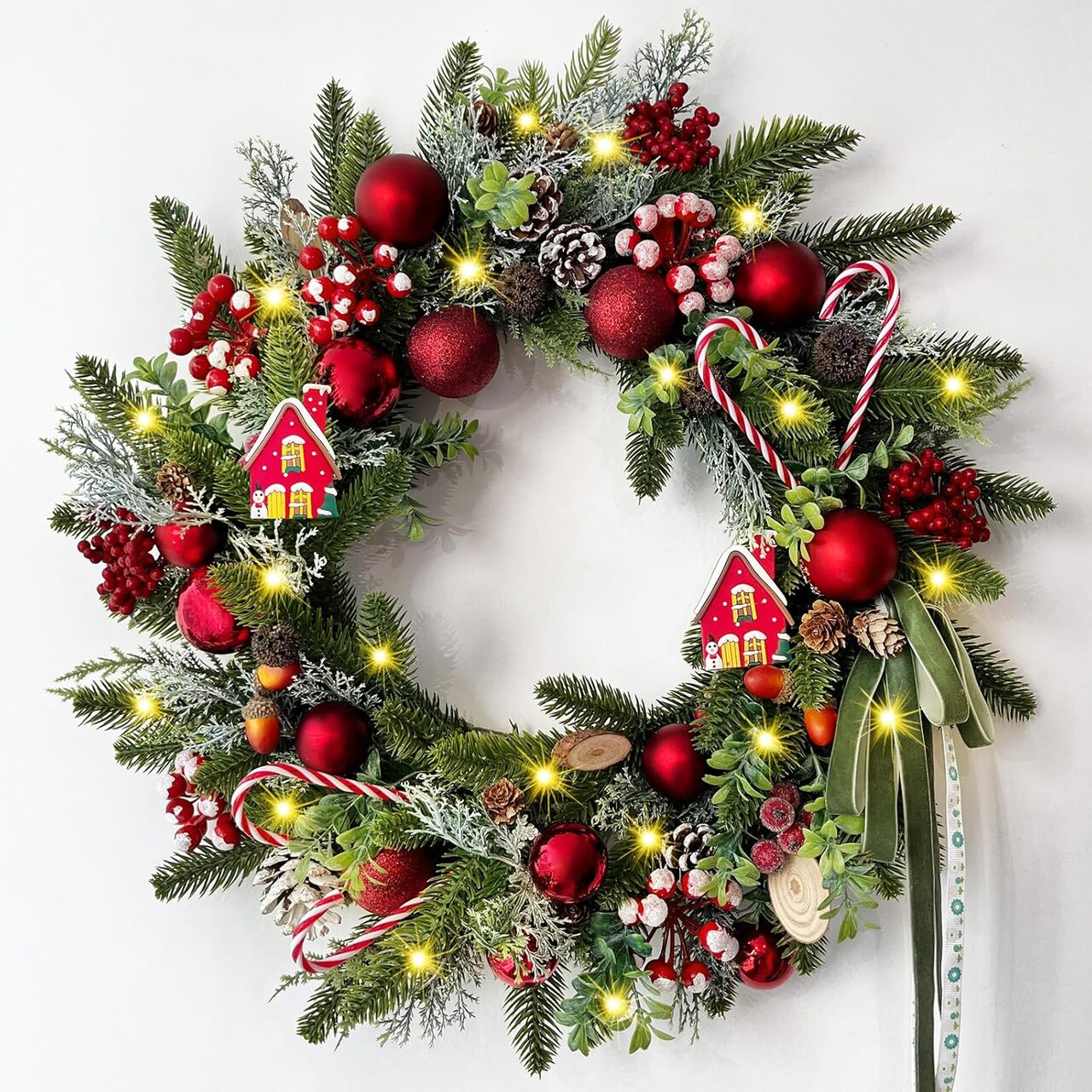 Christmas Wreaths for Front Door with Candy Canes Christmas Ball Ornaments (Red) 8"D x 20"W x 20"H